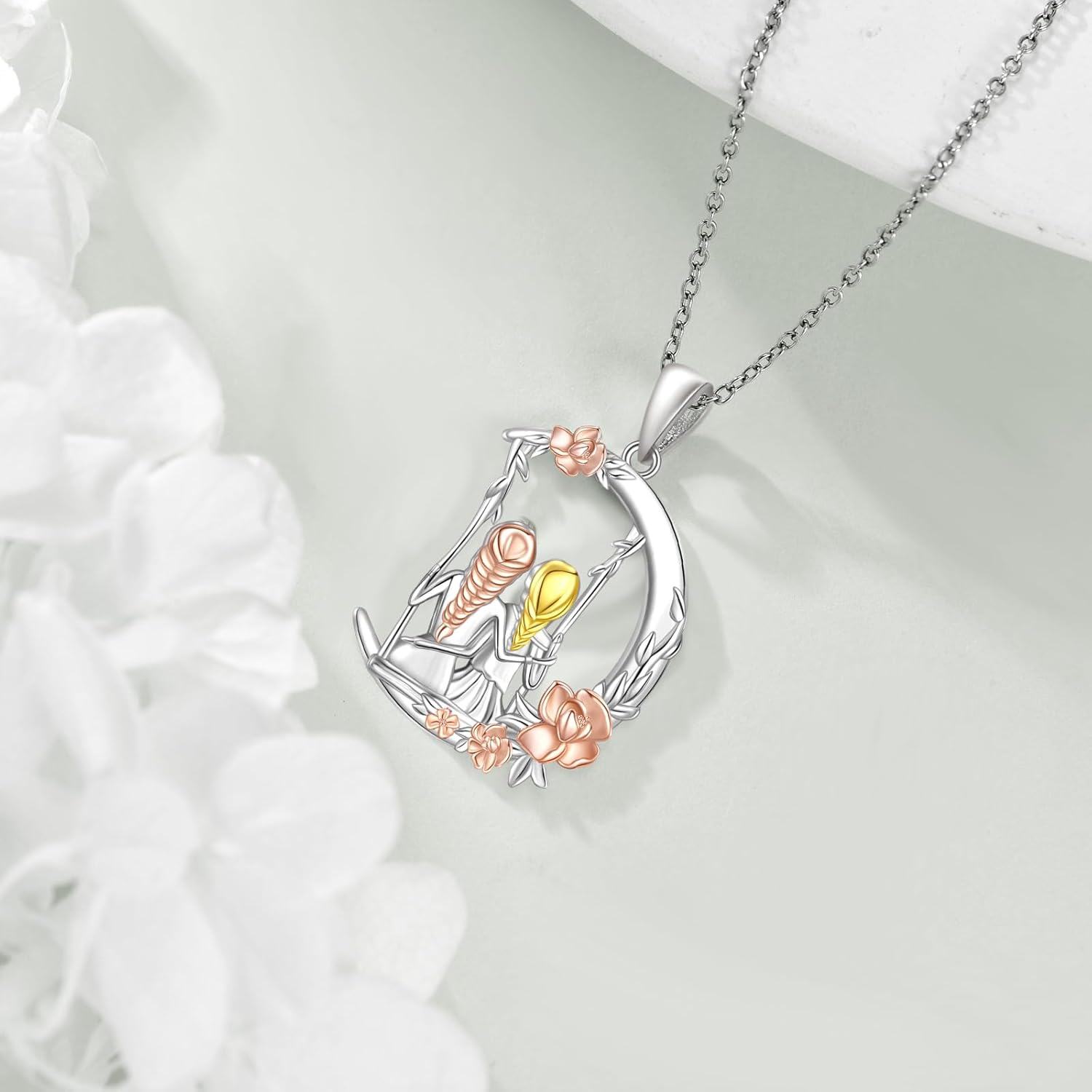 Sterling Silver Moonstone 2 Sisters Flower Swing Pendant Necklace-0-5