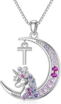 wholesale TOUPOP Unicorns Necklac14k White Gold Plated Moon Pendant Unicorn Initial Letter T Necklaces Colorful Unicorn Pink Zircon Kids Jewelry Unicorn Birthday For Daughter Women -undefined
