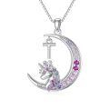 TOUPOP 14K Gold Plated Pink Zircon Unicorn Moon Initial T Necklace-0-0