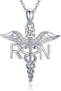 wholesale 925 Sterling Silver Caduceus Angel Wings RN Crystal Pendant Necklace-Silver RN Necklace