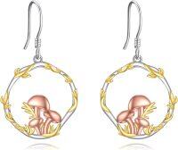 wholesale 925 Sterling Silver Mushroom Dangle Earrings with Gold Leaves and Pink Mushrooms - Nature Inspired  for Her-silver