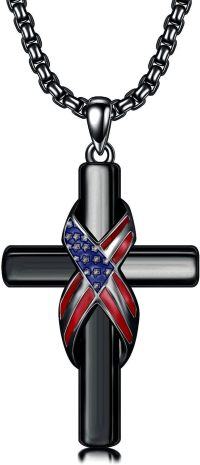 wholesale Sterling Silver Cross Pendant Necklace for Men Women Protection Amulet Religious Gift with 22 +2 Rolo Chain (with Gift)-L-Patriot Cross(Black)