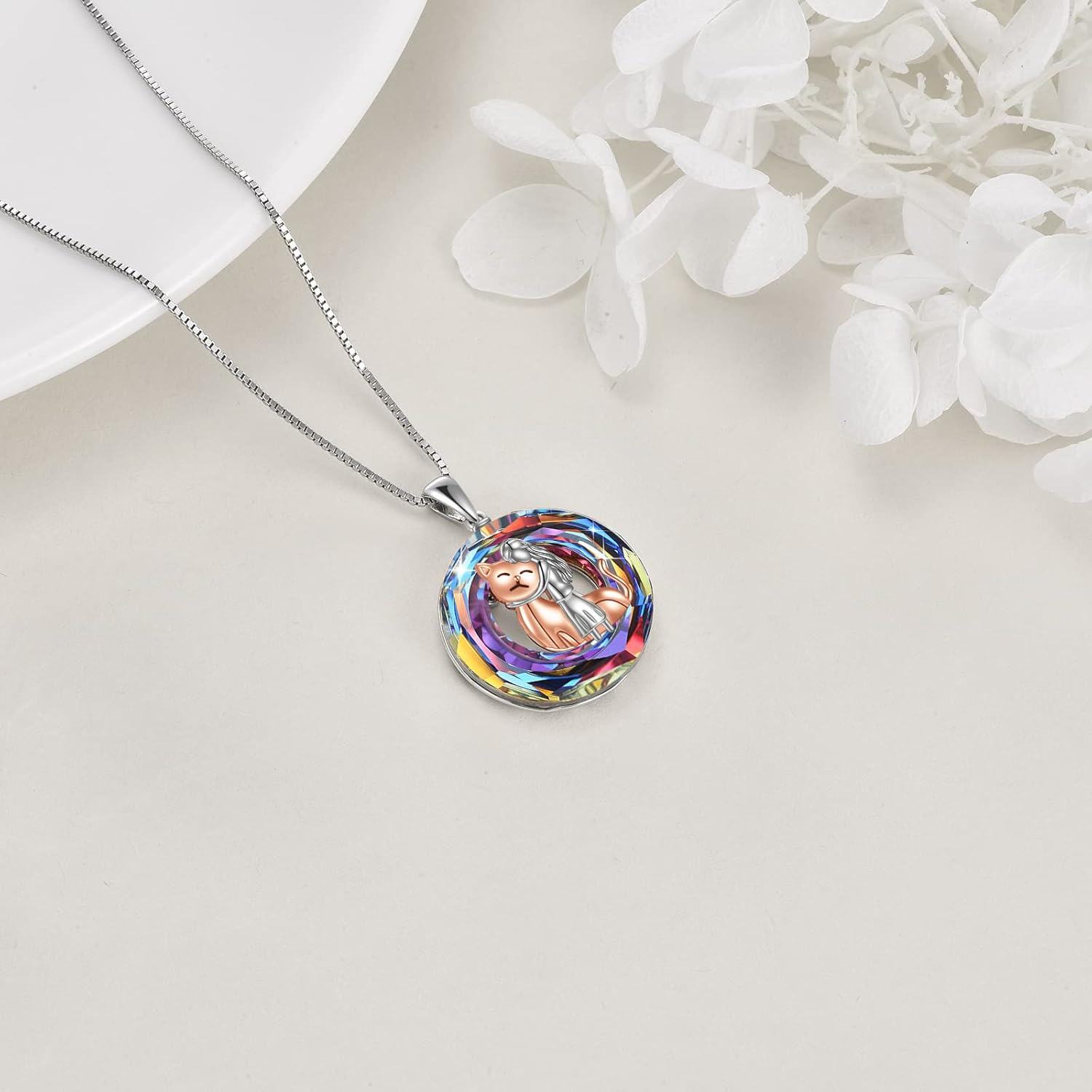 wholesale 925 Sterling Silver Round Crystal Girl Hugging Cat Pendant Necklace for Women and Girls-0-3