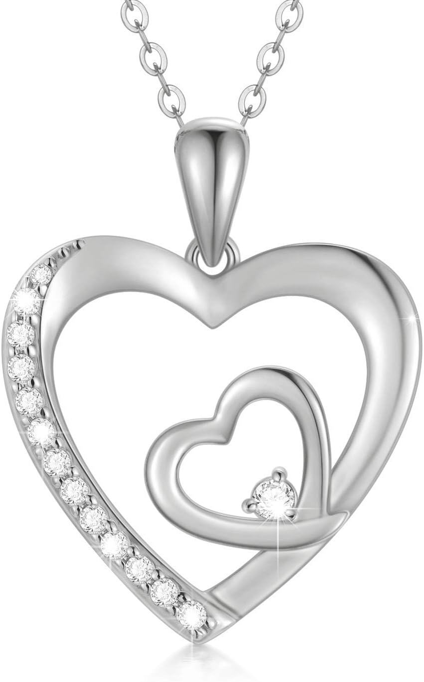 Solid 925 Sterling Silver Double Heart Pendant with Cubic Zirconia - Romantic  for Women-0-0