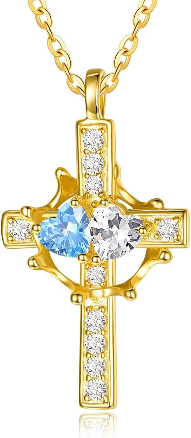 Sterling Silver Birthstones Gold Cross Necklace for Women -03-04-Mar-Apr-03-04-Mar-Apr