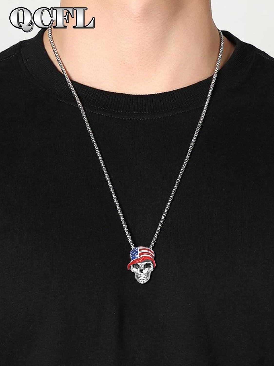 wholesale 925 Sterling Silver American Flag Skull Pendant Necklace for Men Gothic s-0-5
