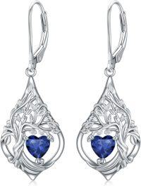 wholesale 925 Sterling Silver 12 Months Birthstone Crystal Tree of Life Earrings-9-Sep-Sapphire