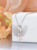 wholesale 925 Sterling Silver Angel Wings & Pink Ribbon Hope Breast Cancer Awareness Pendant Necklace-0-5