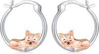 wholesale S925 Sterling Silver Hypoallergenic Cat Huggie Hoop Earrings for Women s-Cat(Two-tone)