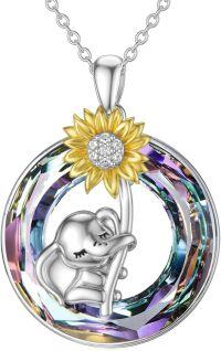 wholesale 925 Sterling Silver Sunflower & Elephant Locket Necklace Gift for Her-A01-Purple Crystal