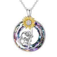 wholesale 925 Sterling Silver Sunflower & Elephant Locket Necklace Gift for Her-A01-Purple Crystal