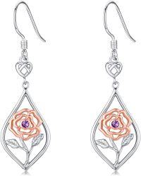 wholesale 925 Sterling Silver Rose Dangle Earrings with Birthstone Flower Jewelry for Women-February-Amethyst