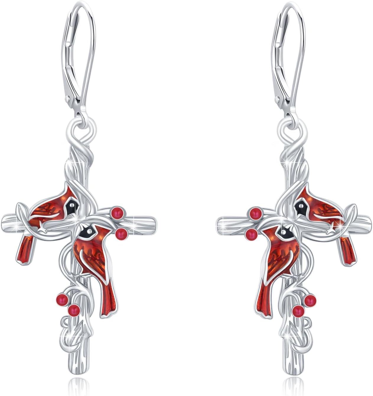 Sterling Silver Red Cardinal Cross Earrings Hypoallergenic Memorial Gift-C-Cardinal Leverback Earrings