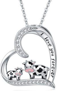 wholesale 925 Sterling Silver Heart-Shaped Cow Family Pendant Necklace with Cubic Zirconia Stones and Engraved Message I Love You Forever-Cow Necklace