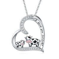 wholesale 925 Sterling Silver Heart-Shaped Cow Family Pendant Necklace with Cubic Zirconia Stones and Engraved Message I Love You Forever-Cow Necklace