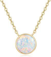 wholesale 925 Sterling Silver Synthetic Opal 8mm Round Pendant Necklace with Gold Plated Chain (chars)-Yellow Gold & White Opal