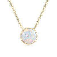 wholesale 925 Sterling Silver Synthetic Opal 8mm Round Pendant Necklace with Gold Plated Chain (chars)-Yellow Gold & White Opal