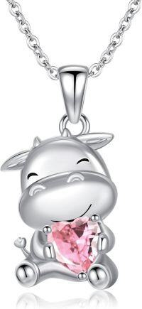 wholesale Sterling Silver 12 Month Birthstones Animals Necklace for Women Daughter (Axolotl Cow Pig Cat) Birthday Christmas Graduation Gift-02-10-Cow-Oct.-02-10-Cow-Oct.