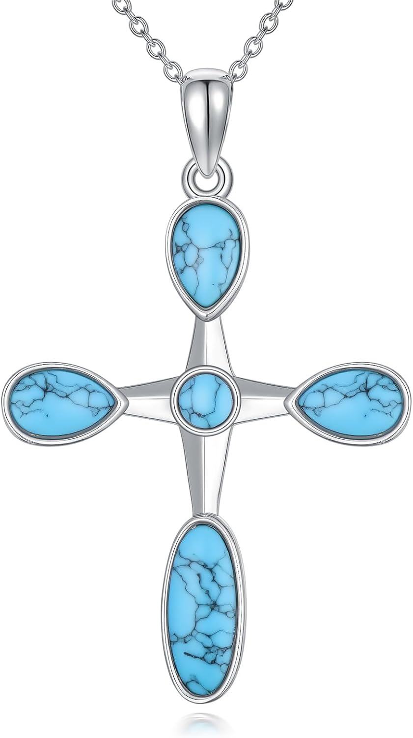 Sterling Silver Turquoise Pendant Cross Necklace Vintage Boho Victorian Jewelry Gift-0-1