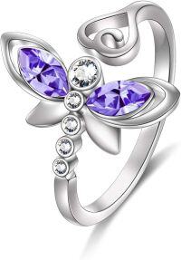 wholesale Sterling Silver Austrian Crystals Dragonfly Adjustable Open Ring Fine Jewelry Gifts-01 Dragonfly -Purple