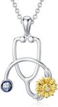 wholesale S925 Sterling Silver Sunflower Stethoscope Necklace with Birthstone - Gift for Nurses, Doctors, Women, Men - 18+2 Chain-0-0