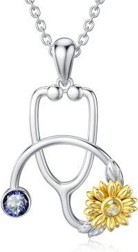 wholesale S925 Sterling Silver Sunflower Stethoscope Necklace with Birthstone - Gift for Nurses, Doctors, Women, Men - 18+2 Chain-09-Stethoscope-Sept.