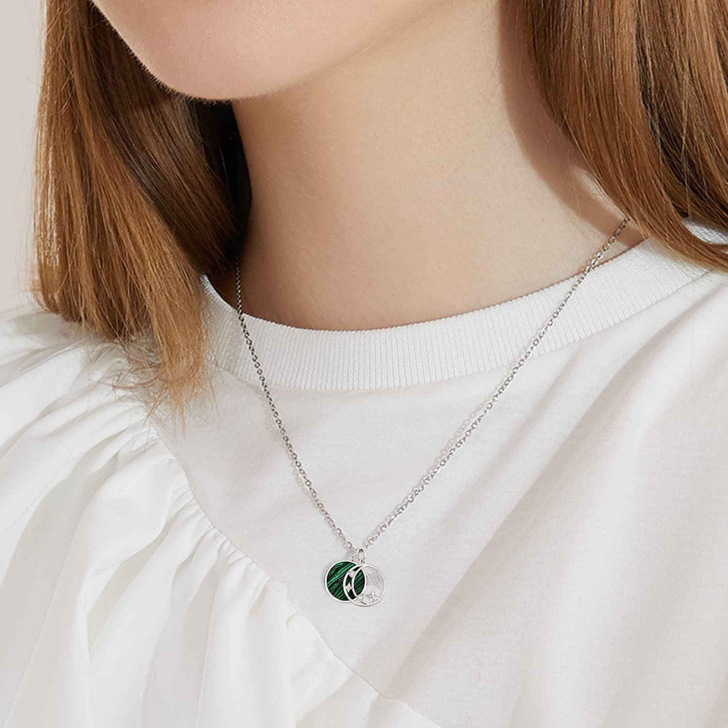  Sterling Silver Silver Abalone Pink Fritillary Malachite Moon Star Pendant Necklace -0-2