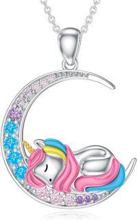 wholesale 925 Sterling Silver Rainbow Crystal Moon & Unicorn Pendant Necklace for Women Girls -Blue-Topaz