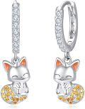 wholesale 925 Sterling Silver Cat Charm Huggie Hoop Earrings with Cubic Zirconia and Orange Stones for Women Girls  38x46mm-0-0