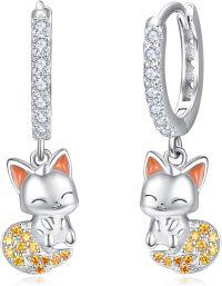 wholesale 925 Sterling Silver Cat Charm Huggie Hoop Earrings with Cubic Zirconia and Orange Stones for Women Girls  38x46mm-14-fox