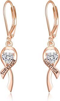 wholesale 925 Sterling Silver Plated Rose Gold Heart-Shaped Survivor Pink Ribbon Drop Earrings - Breast Cancer Awareness  for Women-Leverback Ribbon