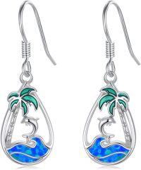 wholesale Sterling Silver Blue Opal Palm Tree Earrings Teardrop Ocean Wave Jewelry-Dolphin