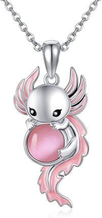 wholesale 925 Sterling Silver Pink Cat Pendant Necklaces with Stone Charm Gifts for Girls and Women-Axolotl