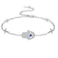 wholesale 925 Sterling Silver Hamsa Hand Evil Eye Bracelet Wholesale With Blue Crystals-Silver Evil Eye