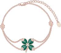 wholesale 925 Sterling Silver Green Enamel Cubic Zirconia Accent Four-Leaf Clover Charm Bracelet for Women-Rose Gold Plate