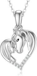 wholesale 14K White Gold Heart-Shaped Pendant with Horses and Cubic Zirconia Necklaces for Women - Length: 32cm/4mm Chain-0-0