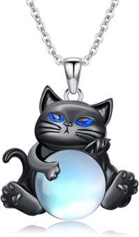 wholesale 925 Sterling Silver Black Cat Moonstone Pendant Necklace for Women Gifts-Moonstone Cat