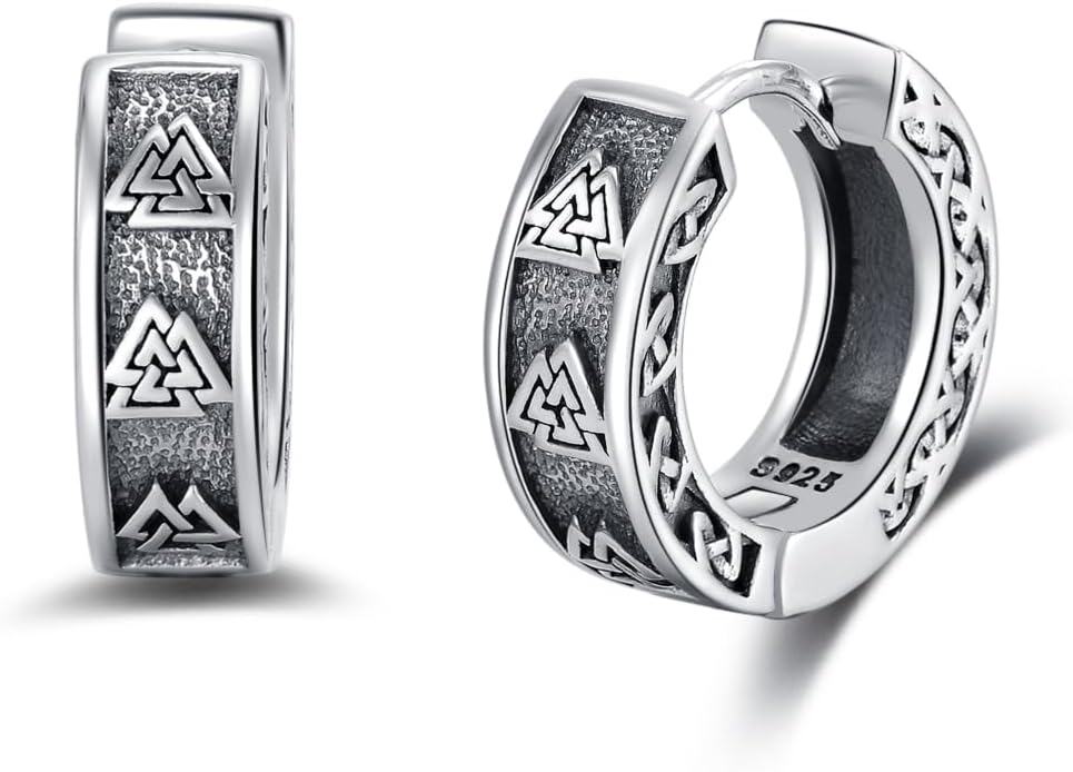 Sterling Silver Viking Earrings Huggie Hoop with Stone Vintage Jewelry Gifts for Men Women Boys Girls-Valknut