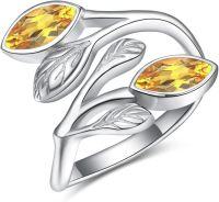 wholesale 925 Sterling Silver Leaf Ring with Birthstone Adjustable Wrap Promise Engagement Wedding Rings for Women-Yellow Topaz