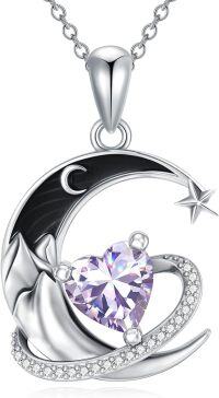 wholesale  Sterling Silver Birthstone Moon Star Heart Pendant Necklace -06-Light Violet
