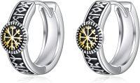 wholesale 925 Sterling Silver Norse Vegvisir Compass Huggie Hoop Earrings with Runes and Gold Accents-Viking Runes Hoop Earrings Gold