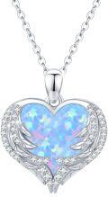 wholesale 925 Sterling Silver Blue Fire Opal Heart with Wings Pendant Necklace for Women-0-0