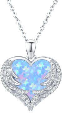 wholesale 925 Sterling Silver Blue Fire Opal Heart with Wings Pendant Necklace for Women-Blue Opal Wings
