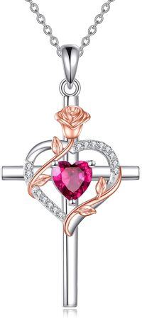 wholesale Sterling Silver Birthstones Rose Cross Heart Crucifix Pendant Necklace for Women-07-Jul-Ruby