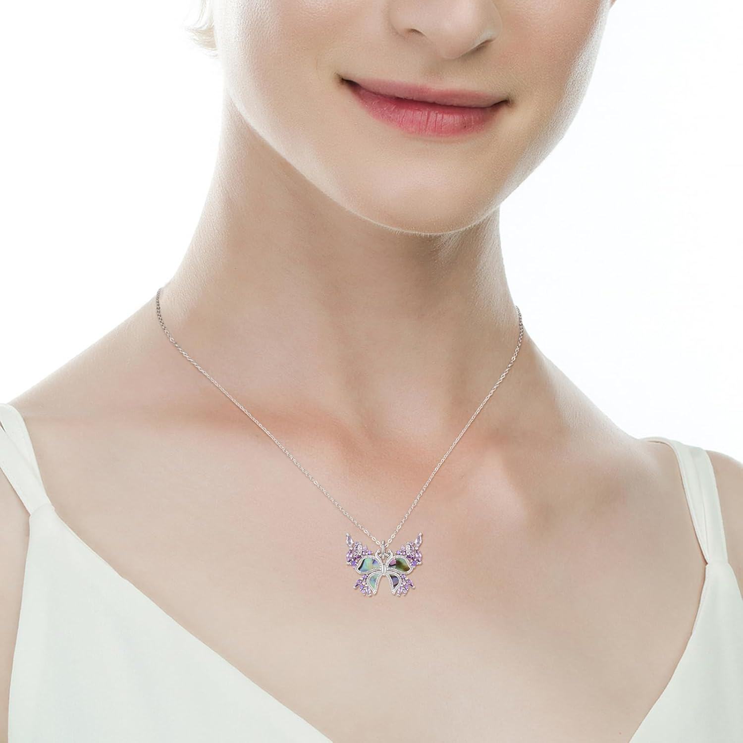 wholesale 925 Sterling Silver Abalone Shell Purple Crystal Butterfly Pendant Necklace for Women-0-4