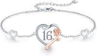wholesale 925 Sterling Silver & Cubic Zirconia Heart Rose Charm Bracelet - 16th Birthday Gift for Her-16th