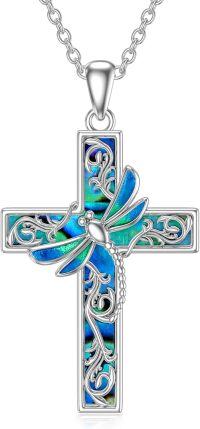 wholesale 925 Sterling Silver Cross Pendant with Blue Green Abalone Inlay and Filigree Design for Women Girls s-Dragonfly