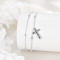 wholesale 925 Sterling Silver Christian Baptism Double Chain Cross Anklet Jewelry with Cubic Zirconia and Beads for Women Girls Gift-0-2