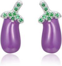 wholesale 925 Sterling Silver Hypoallergenic Purple Jade and Green CZ Vegetable Stud Earrings for Women Girls - Fun & Unique Gift Idea-Eggplant