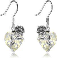 wholesale Sterling Silver Rose Birthstone Heart Dangle Drop Earrings for Women-04 Apr - Simulated Diamond